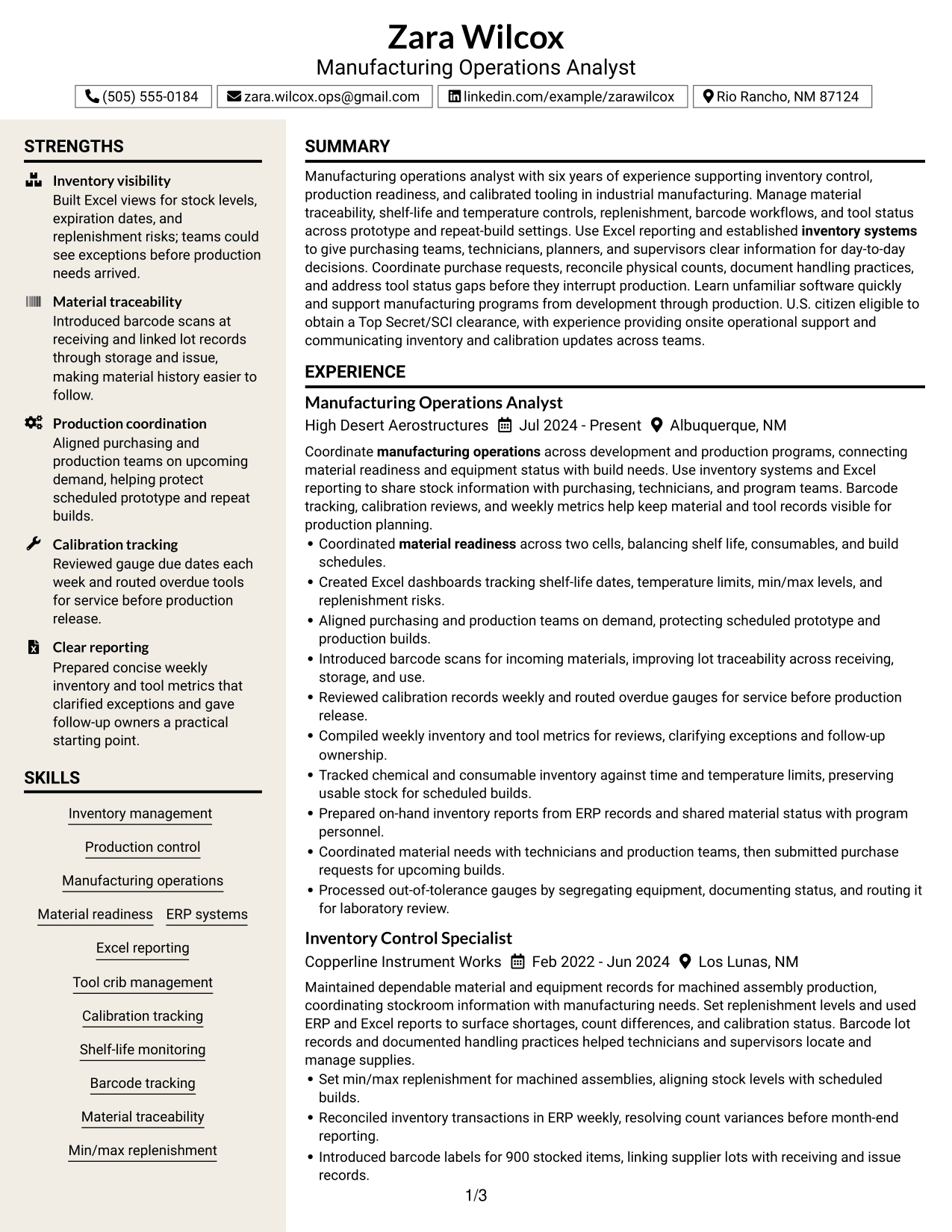 Resume Example Page 1