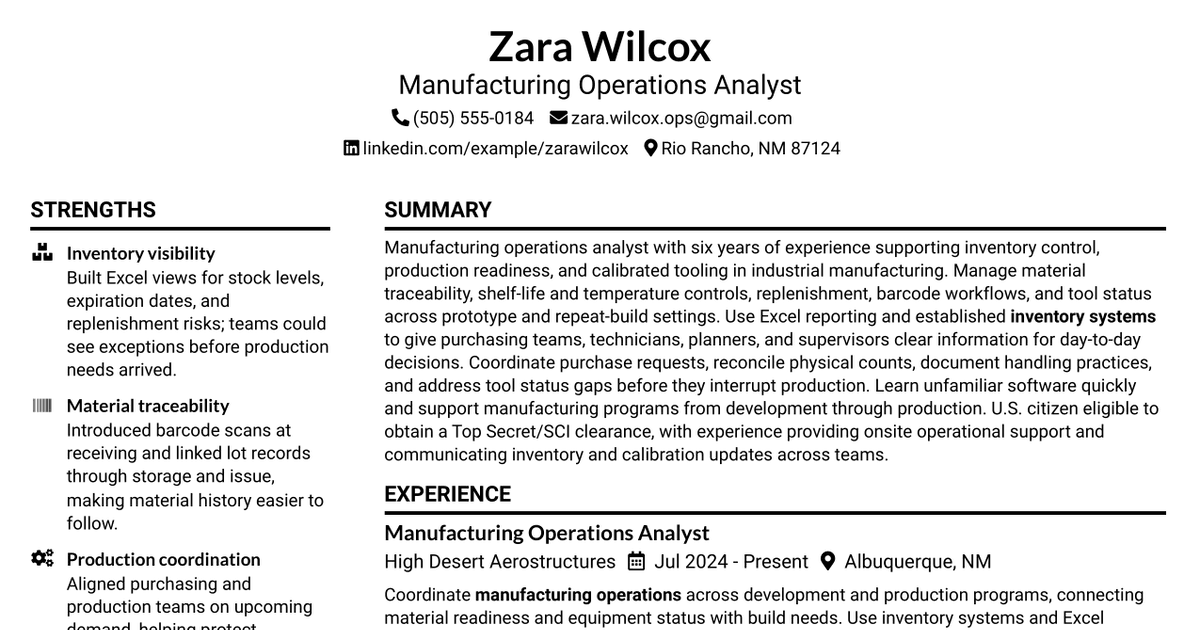 7 Mid-Level Manufacturing Operations Analyst - Inventory and Tool Control Resume Templates with Example