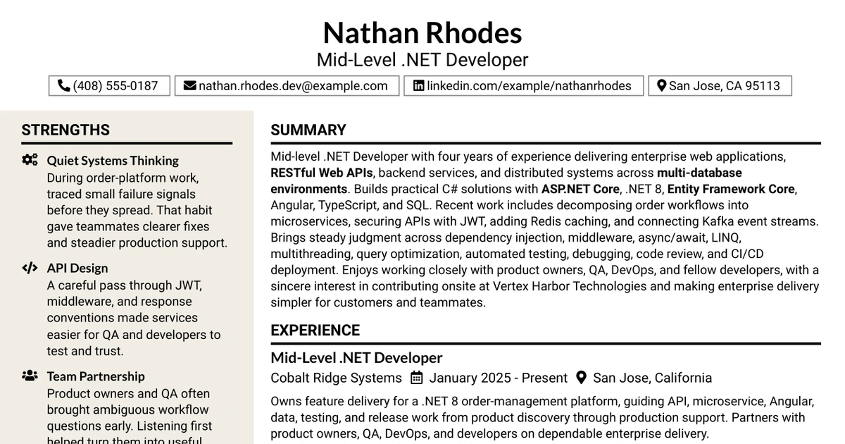 33 Mid-Level .NET Developer Resume Templates with Example 2026 (ATS-Optimized)