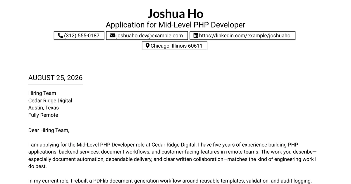30+ Mid-Level PHP Developer Cover Letter Templates with Example 2026
