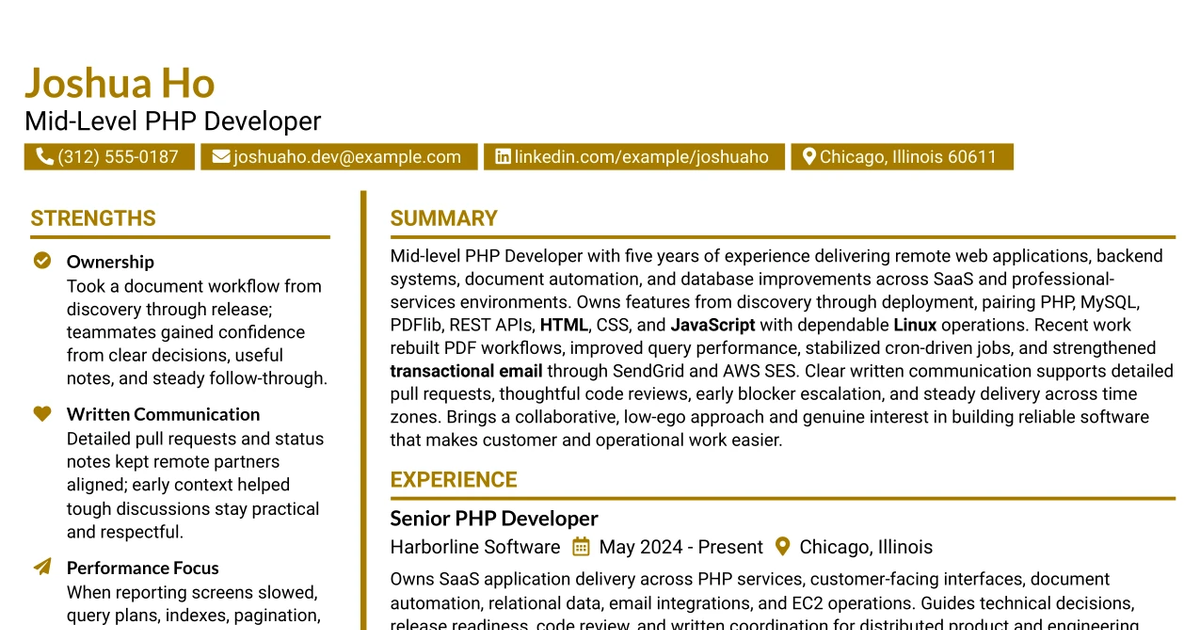 33 Mid-Level PHP Developer Resume Templates with Example 2026 (ATS-Optimized)