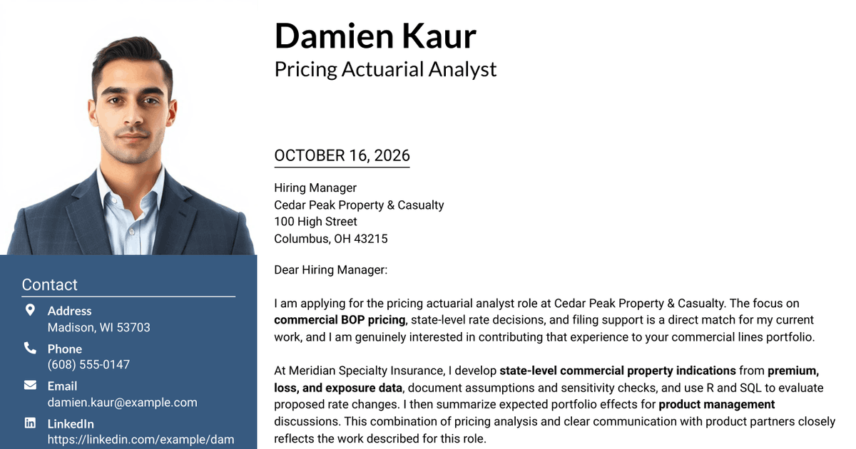 7 Mid-Level Pricing Actuarial Analyst - Commercial Lines BOP Cover Letter Templates with Example