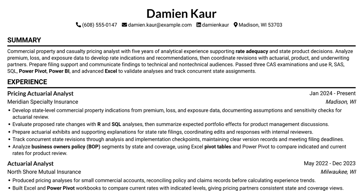 7 Mid-Level Pricing Actuarial Analyst - Commercial Lines BOP Resume Templates with Example