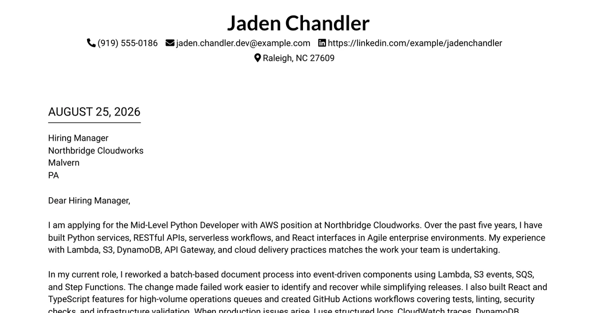 30+ Mid-Level Python Developer with AWS Cover Letter Templates with Example 2026
