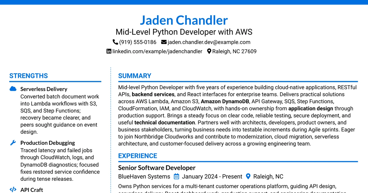 33 Mid-Level Python Developer with AWS Resume Templates with Example 2026 (ATS-Optimized)