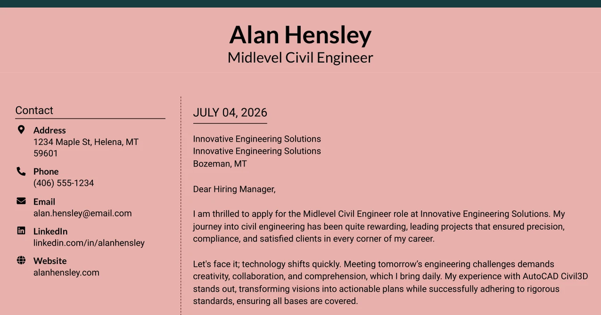30+ Midlevel Civil Engineer Cover Letter Templates with Example 2026
