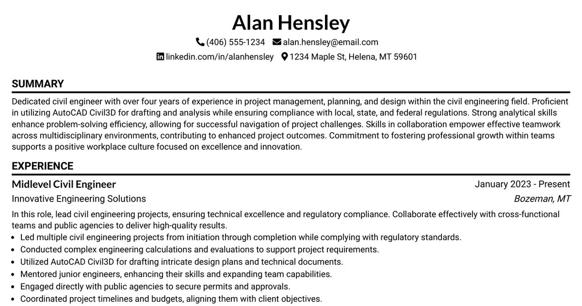 33 Midlevel Civil Engineer Resume Templates with Example 2026 (ATS-Optimized)