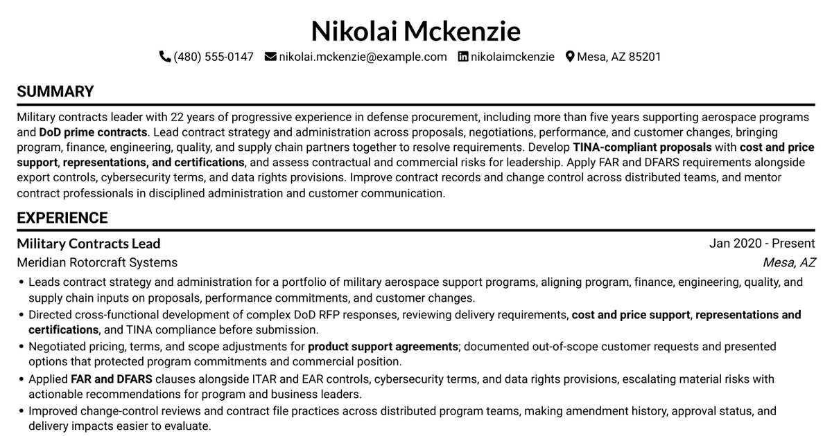 7 Military Contracts Leader - U.S. Government Contracts Resume Templates with Example