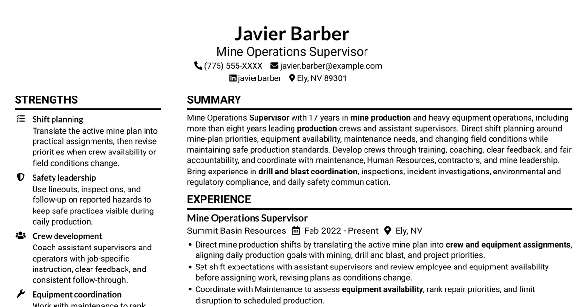 7 Mine Operations Supervisor - Production Resume Templates with Example