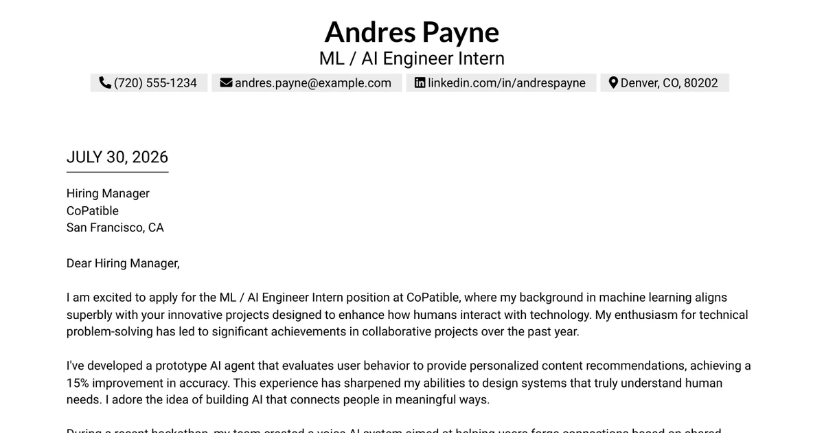 30+ ML / AI Engineer Intern Cover Letter Templates with Example 2026