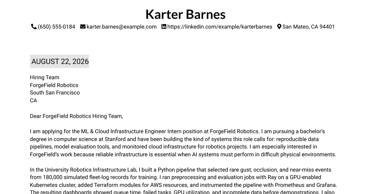 30+ ML & Cloud Infrastructure Engineer Intern Cover Letter Templates with Example 2026
