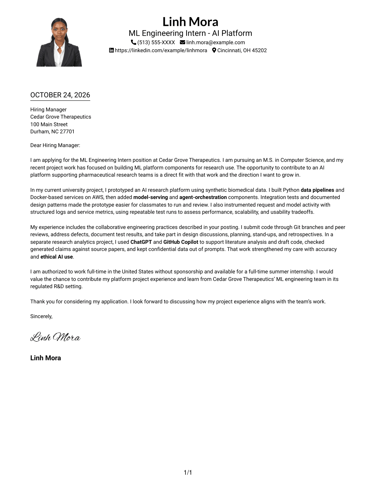 Cover letter example — page 1