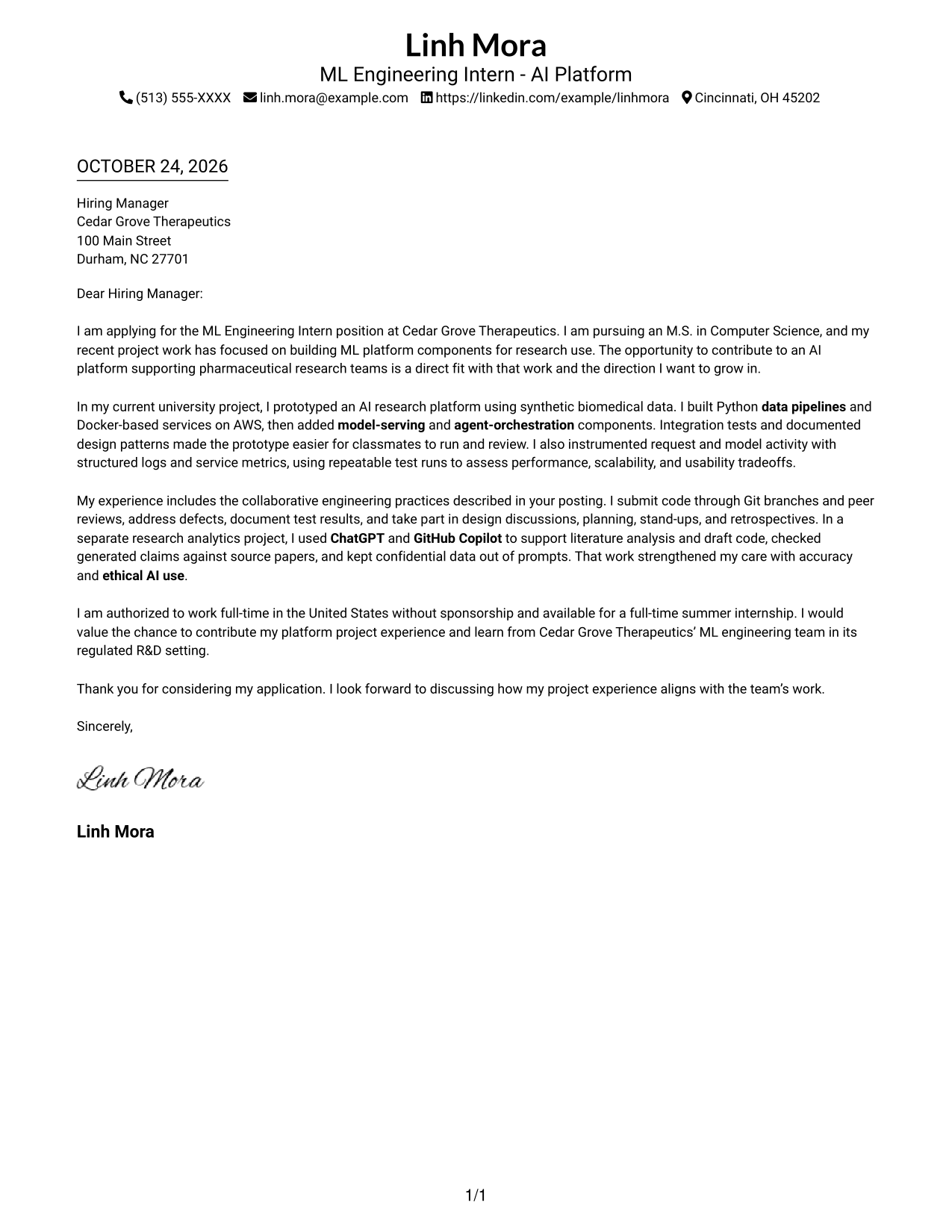 Cover letter example — page 1