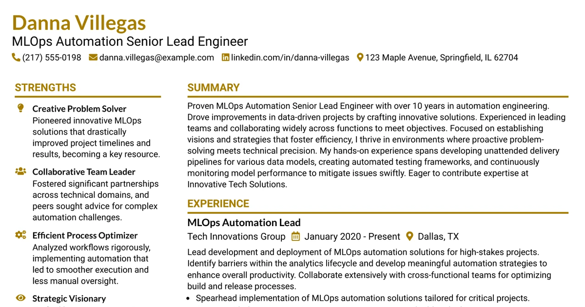 33 MLOps Automation Senior Lead Engineer Resume Templates with Example 2026 (ATS-Optimized)