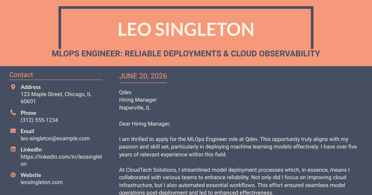30+ MLOps Engineer: Reliable Deployments & Cloud Observability Cover Letter Templates with Example 2026