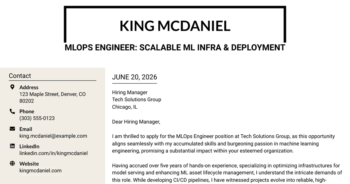 30+ MLOps Engineer: Scalable ML Infra & Deployment Cover Letter Templates with Example 2026