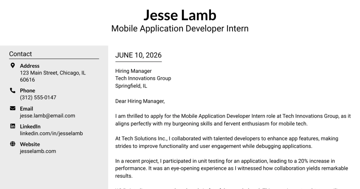 30+ Mobile Application Developer Intern Cover Letter Templates with Example 2026