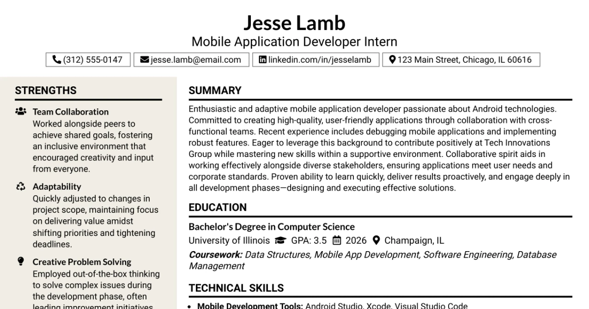 33 Mobile Application Developer Intern Resume Templates with Example 2026 (ATS-Optimized)