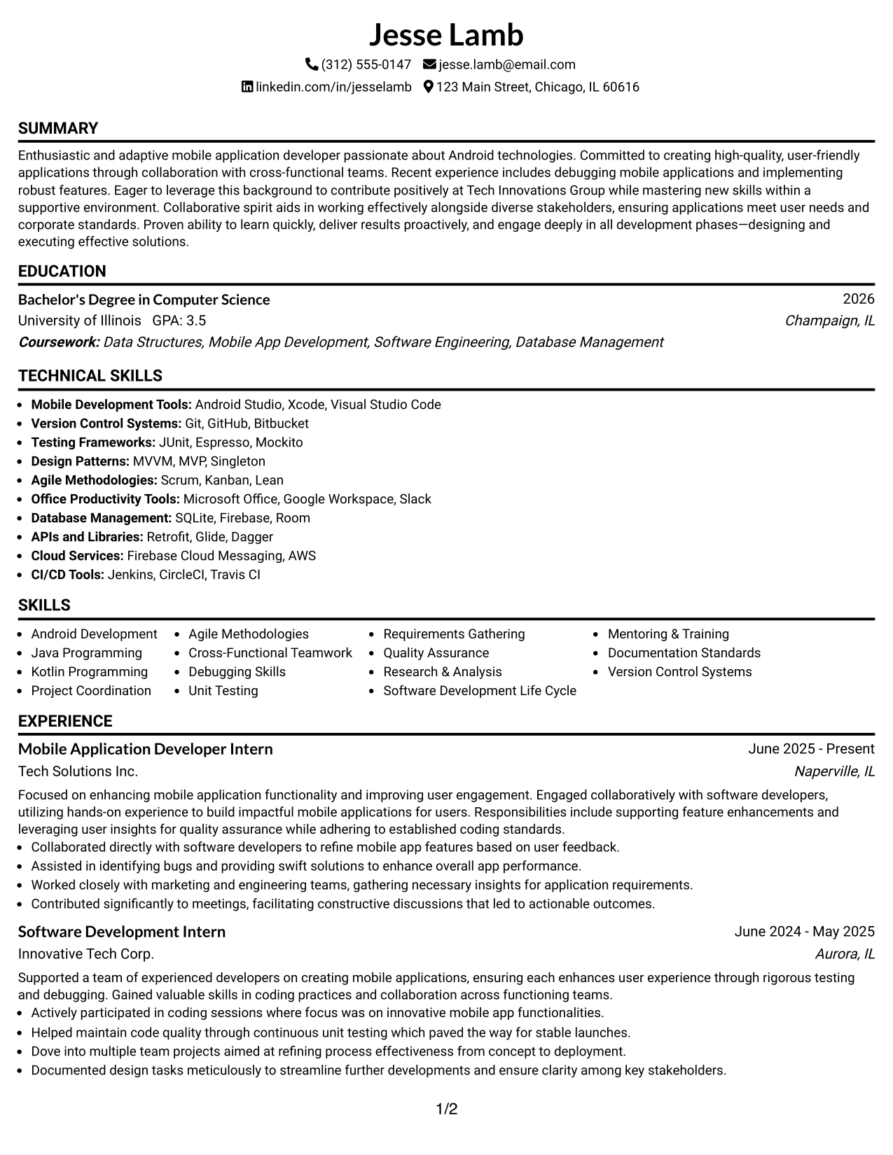 Resume Example Page 1