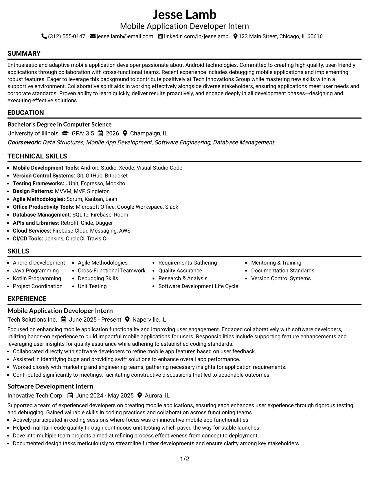 Resume Example Page 1