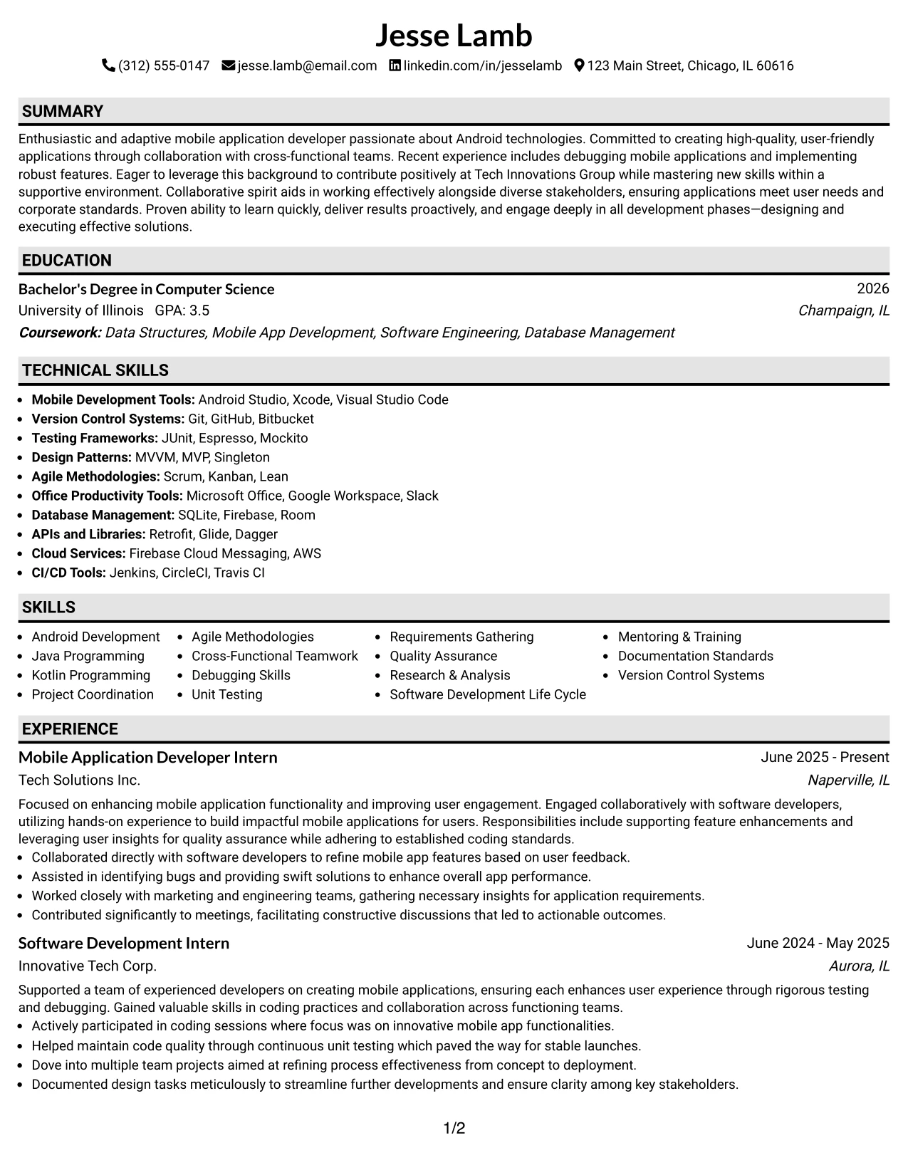 Resume Example Page 1