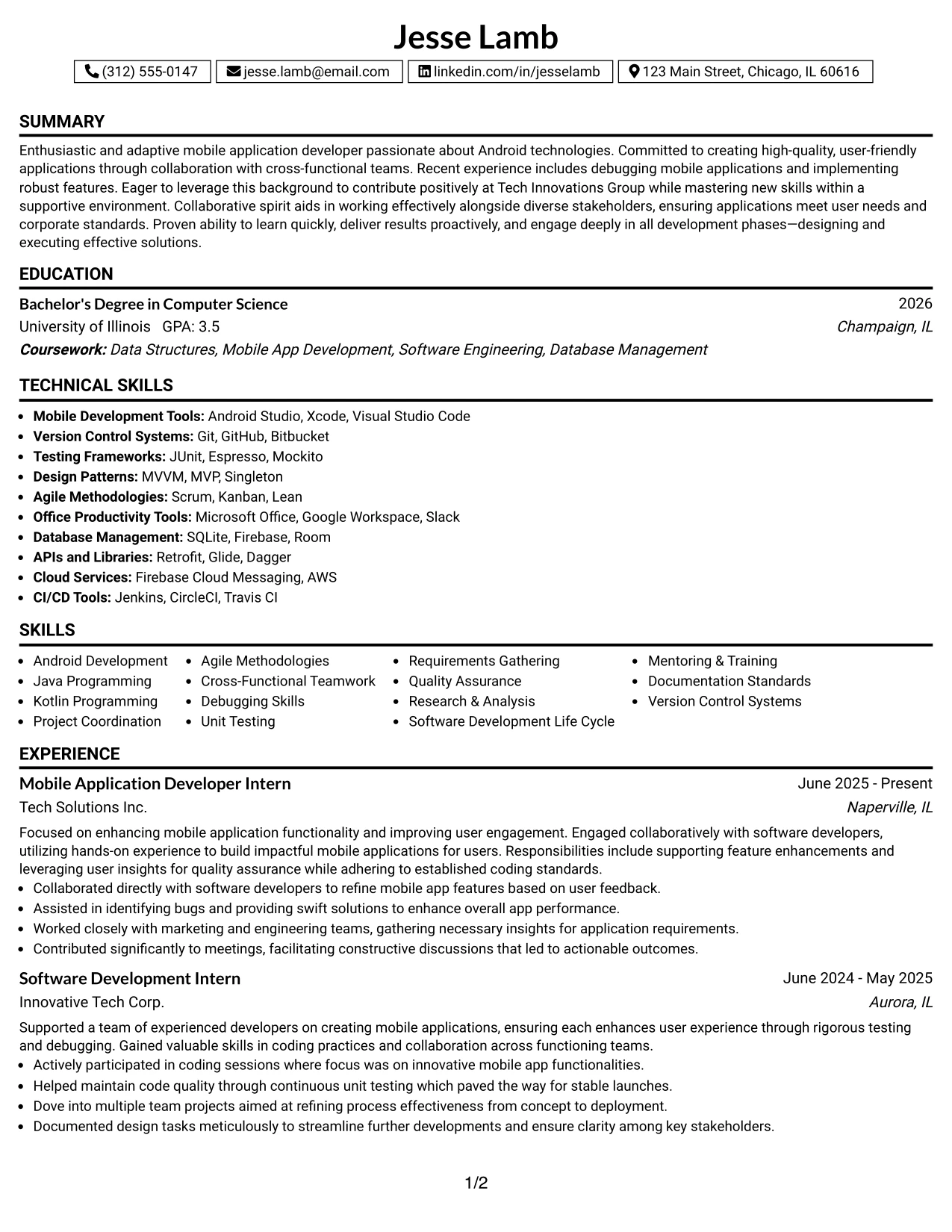 Resume Example Page 1