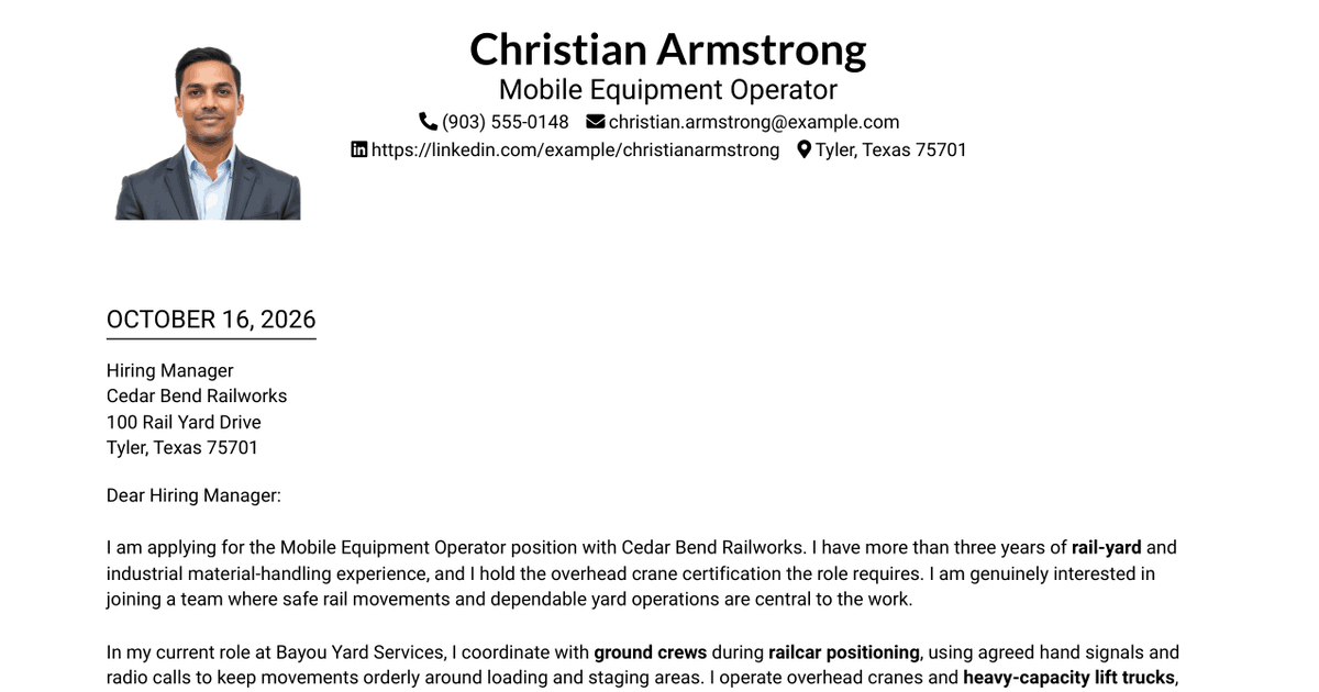 7 Mobile Equipment Operator - Rail Yard Material Handling Cover Letter Templates with Example