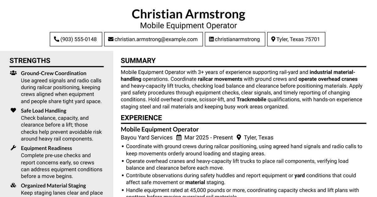 7 Mobile Equipment Operator - Rail Yard Material Handling Resume Templates with Example