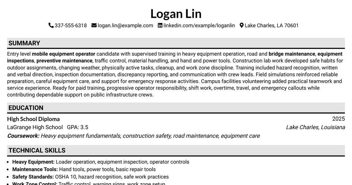 7 Mobile Equipment Operator Resume Templates with Example