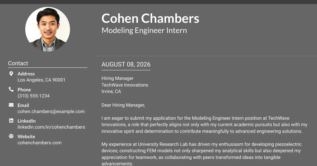 30+ Modeling Engineer Intern Cover Letter Templates with Example 2026