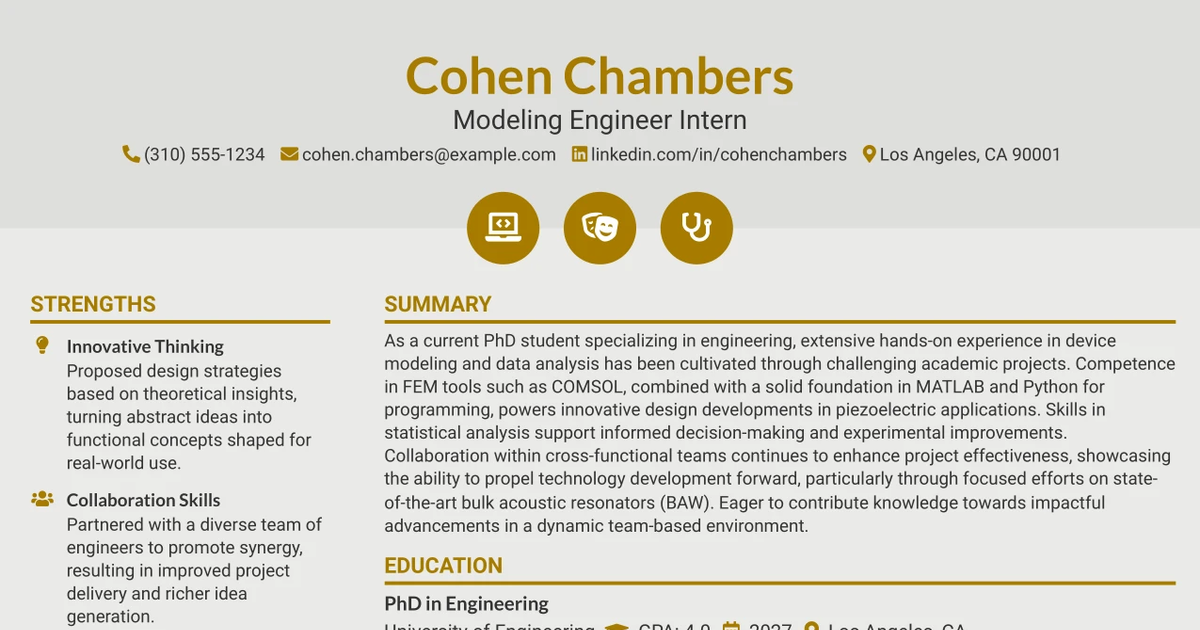 33 Modeling Engineer Intern Resume Templates with Example 2026 (ATS-Optimized)