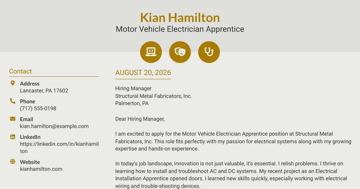 30+ Motor Vehicle Electrician Apprentice Cover Letter Templates with Example 2026