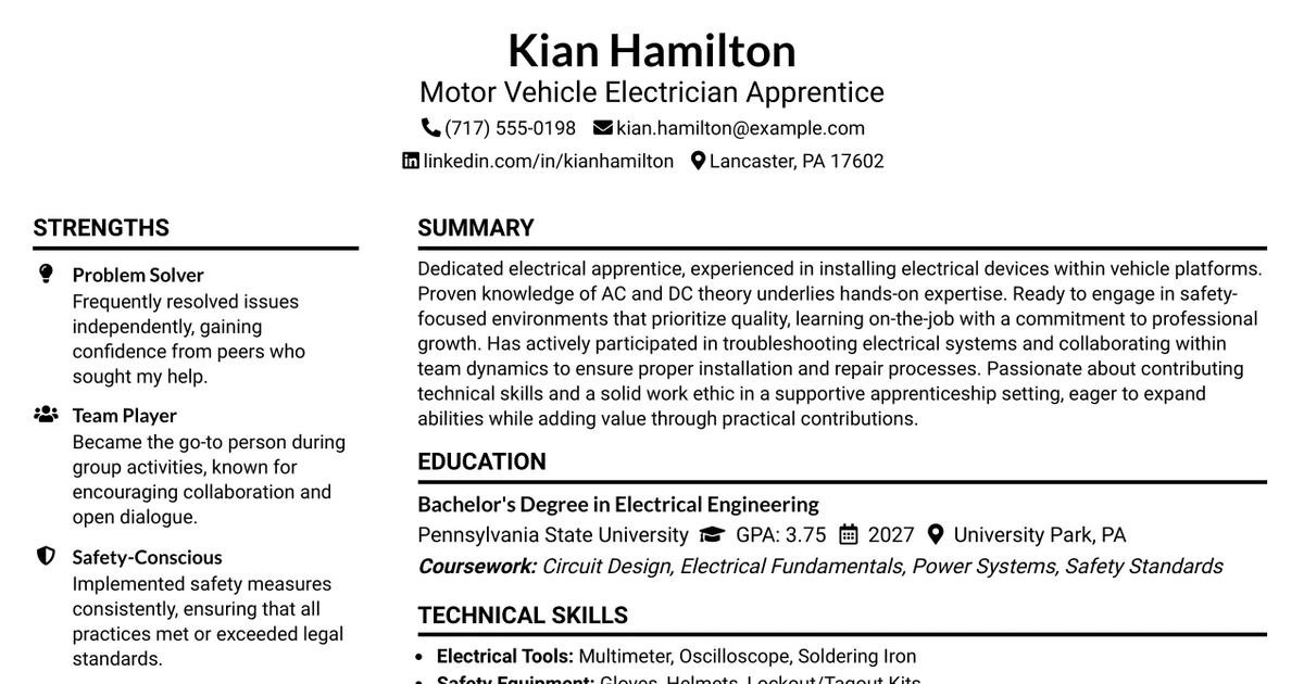 33 Motor Vehicle Electrician Apprentice Resume Templates with Example 2026 (ATS-Optimized)