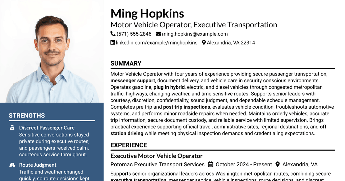7 Motor Vehicle Operator - Executive Transportation Resume Templates with Example