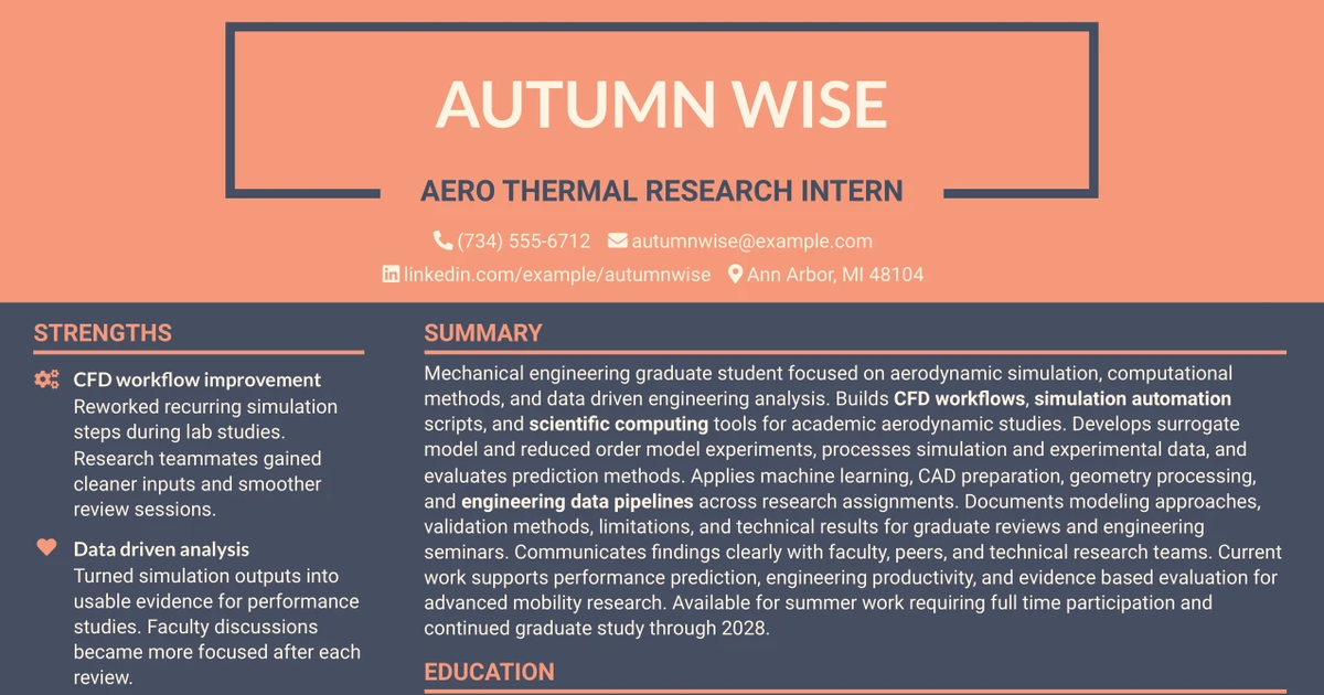 33 Motorsports Aero-Thermal Engineering Intern Resume Templates with Example 2026 (ATS-Optimized)