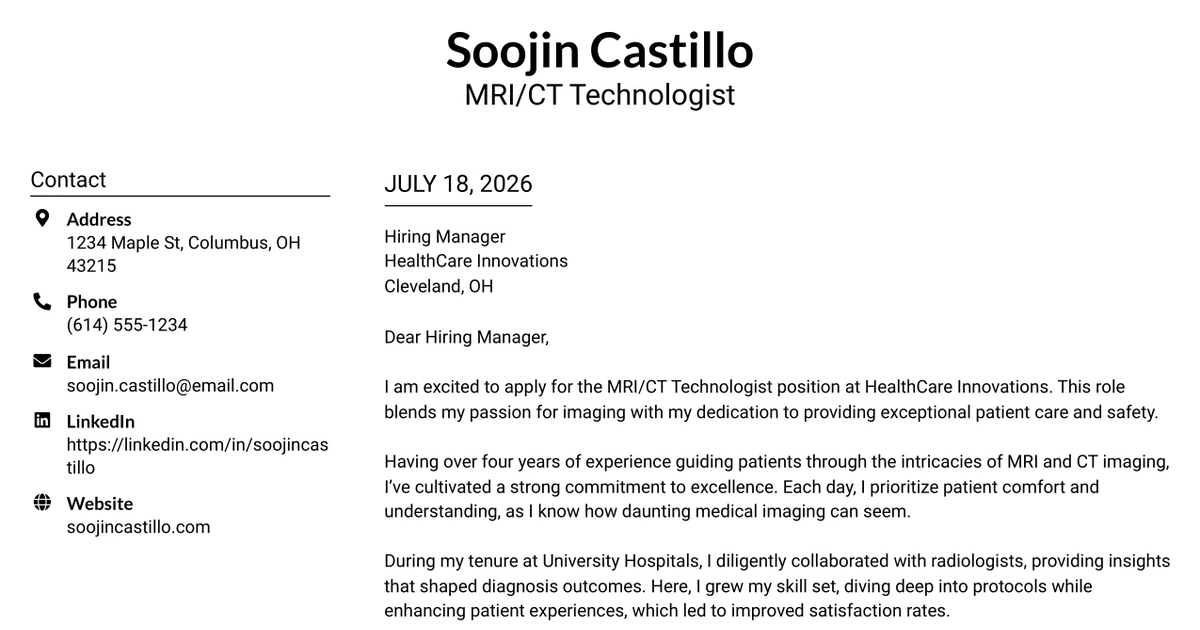 30+ MRI/CT Technologist Cover Letter Templates with Example 2026