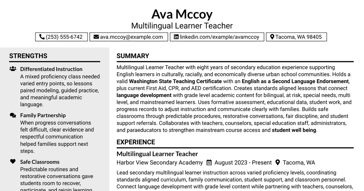 7 Multilingual Learner Teacher Resume Templates with Example