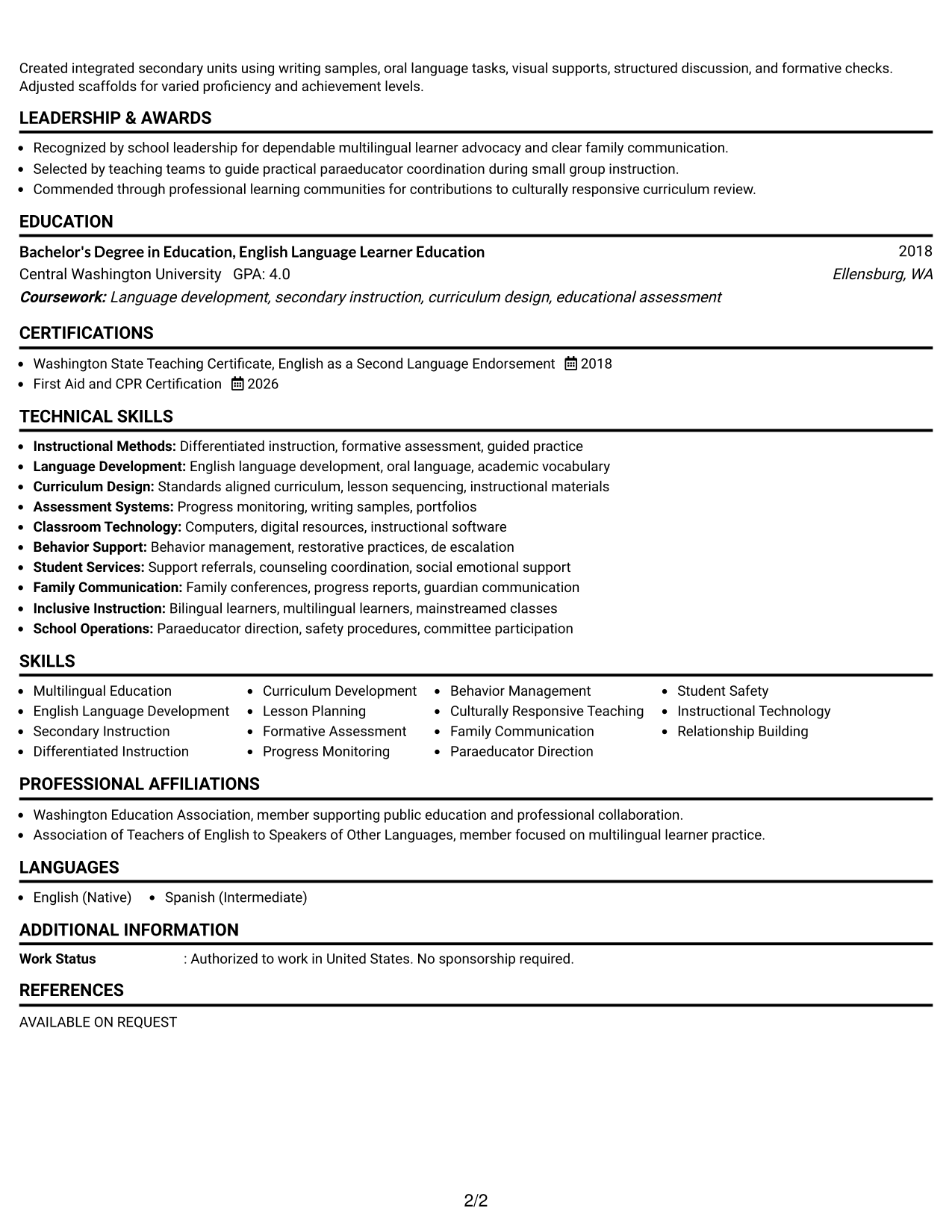 Resume Example Page 2