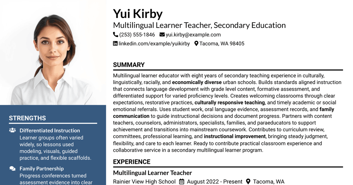 7 Multilingual Learner Teacher - Secondary Education Resume Templates with Example