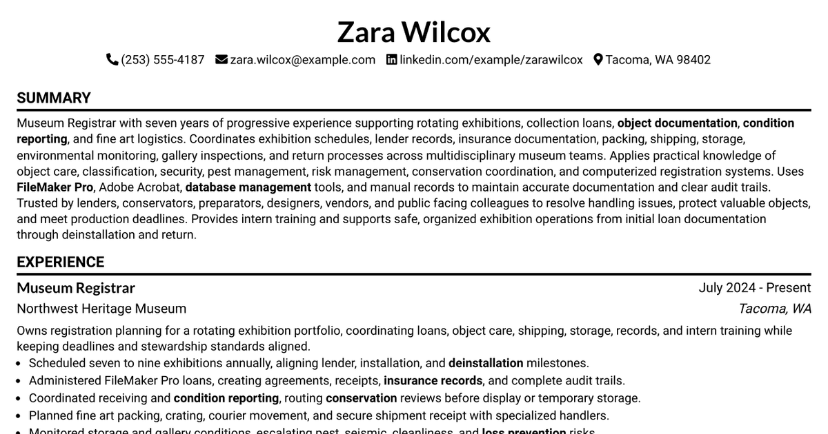 7 Museum Registrar - Exhibition Registration Resume Templates with Example