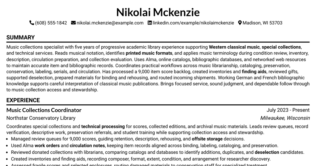 7 Music Collections Specialist Resume Templates with Example