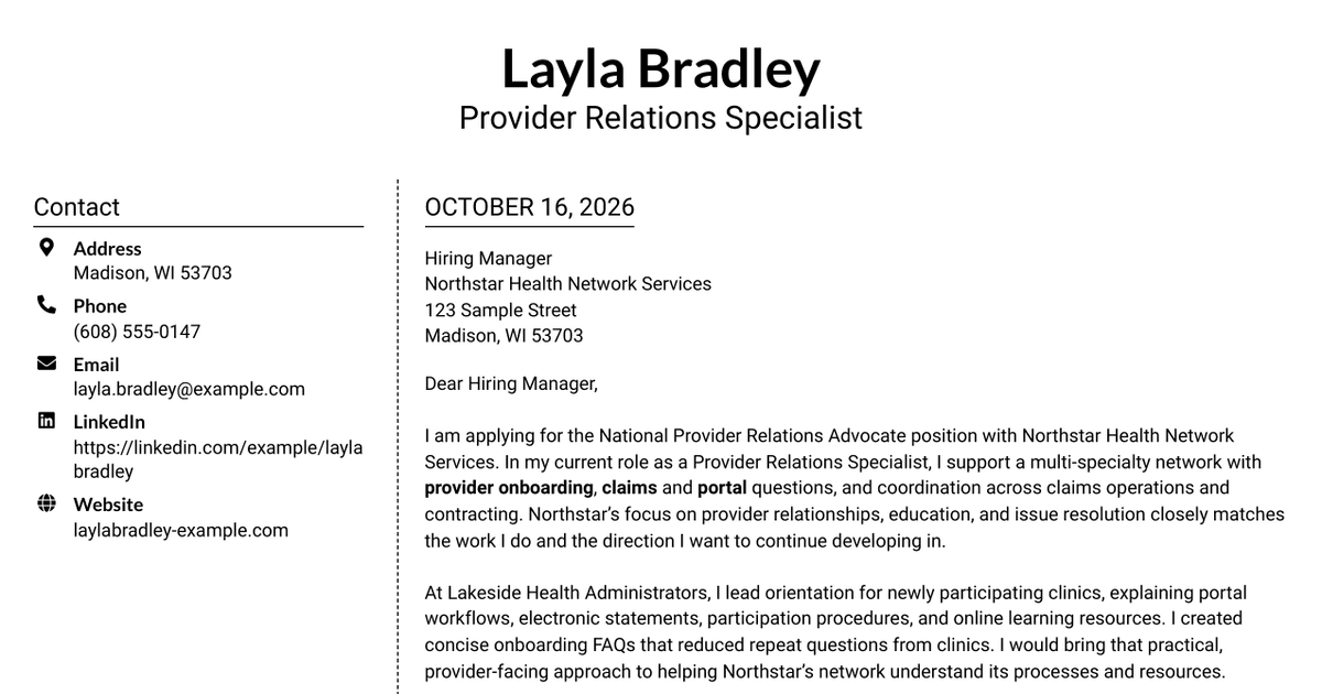 7 National Provider Relations Advocate - Network Management Cover Letter Templates with Example