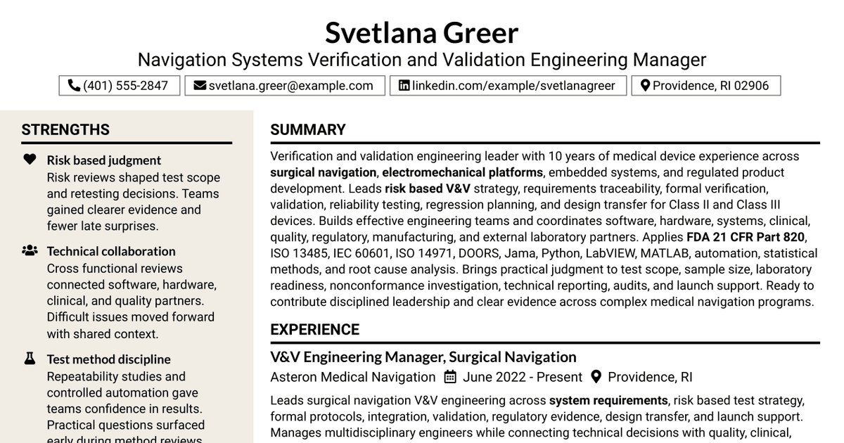 7 Navigation Systems Verification & Validation (V&V) Engineering Manager Resume Templates with Example