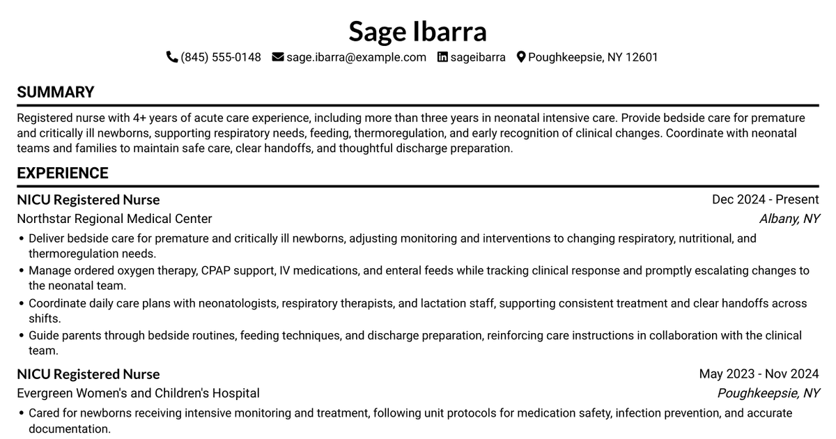 7 Neonatal Intensive Care Unit Registered Nurse Resume Templates with Example