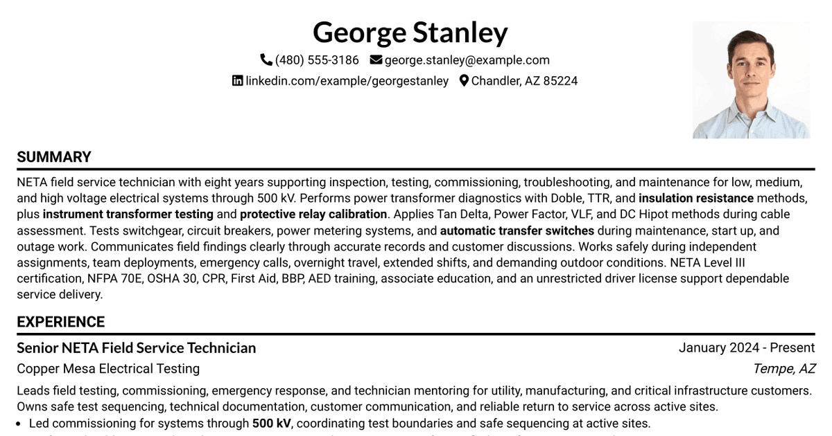 7 NETA Field Service Technician Resume Templates with Example