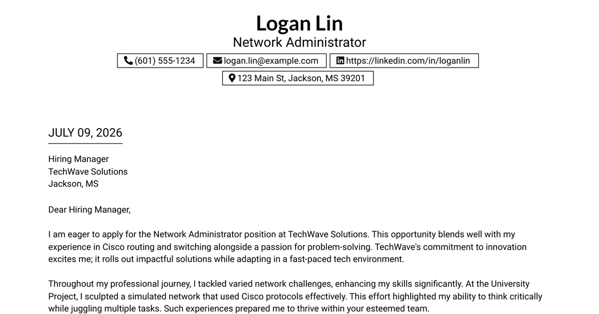 30+ Network Administrator Cover Letter Templates with Example 2026