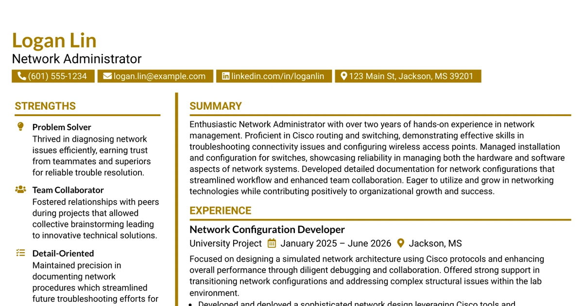 33 Network Administrator Resume Templates with Example 2026 (ATS-Optimized)