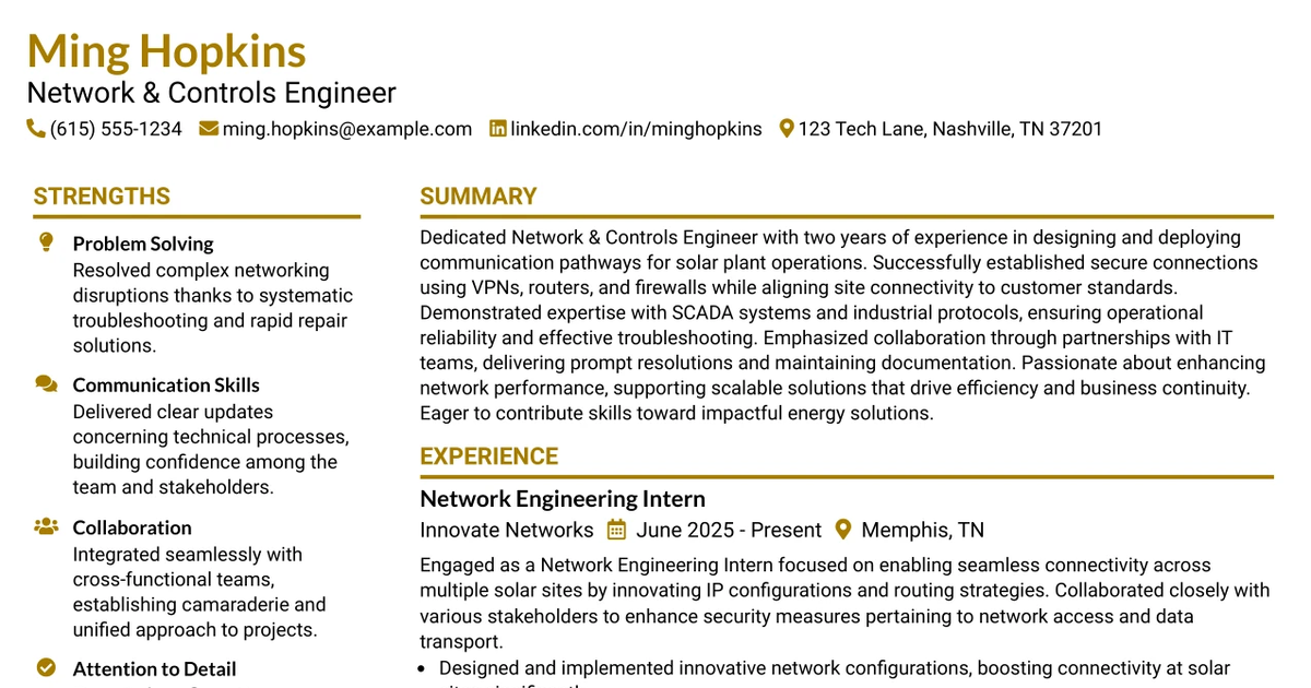 33 Network & Controls Engineer Resume Templates with Example 2026 (ATS-Optimized)