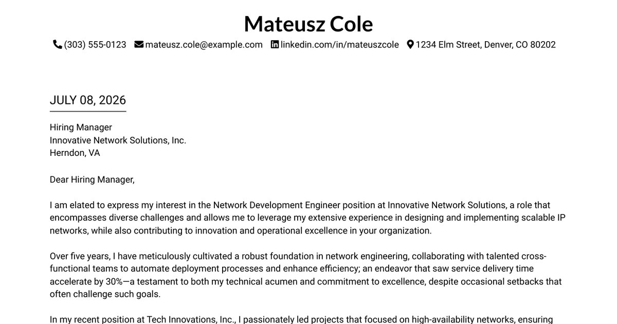 30+ Network Development Engineer Cover Letter Templates with Example 2026