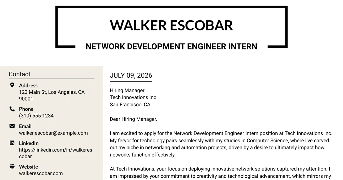 30+ Network Development Engineer Intern Cover Letter Templates with Example 2026